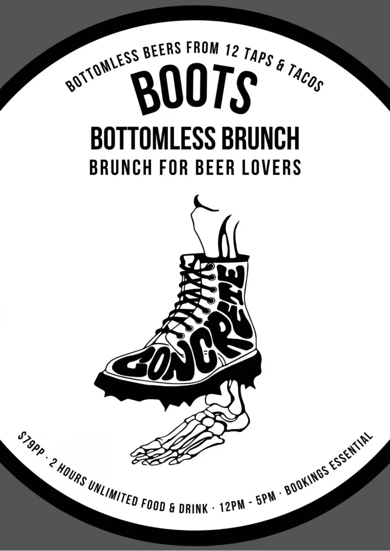 Poster advertising Bottomless Brunch with unlimited beer, tacos and snacks at Concrete Boots in Richmond