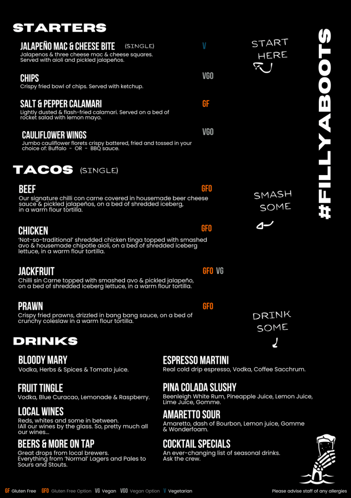 Bottomless brunch menu featuring starters, tacos, and drinks at a Richmond function venue