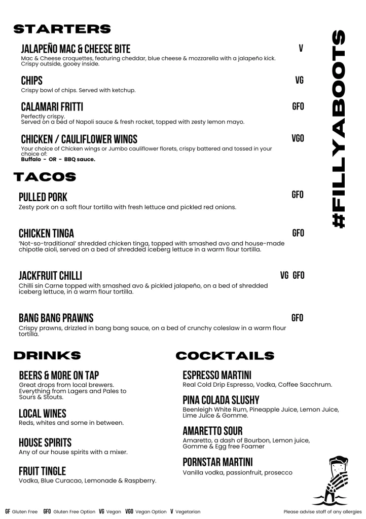 Bottomless Brunch menu with cocktails and food options