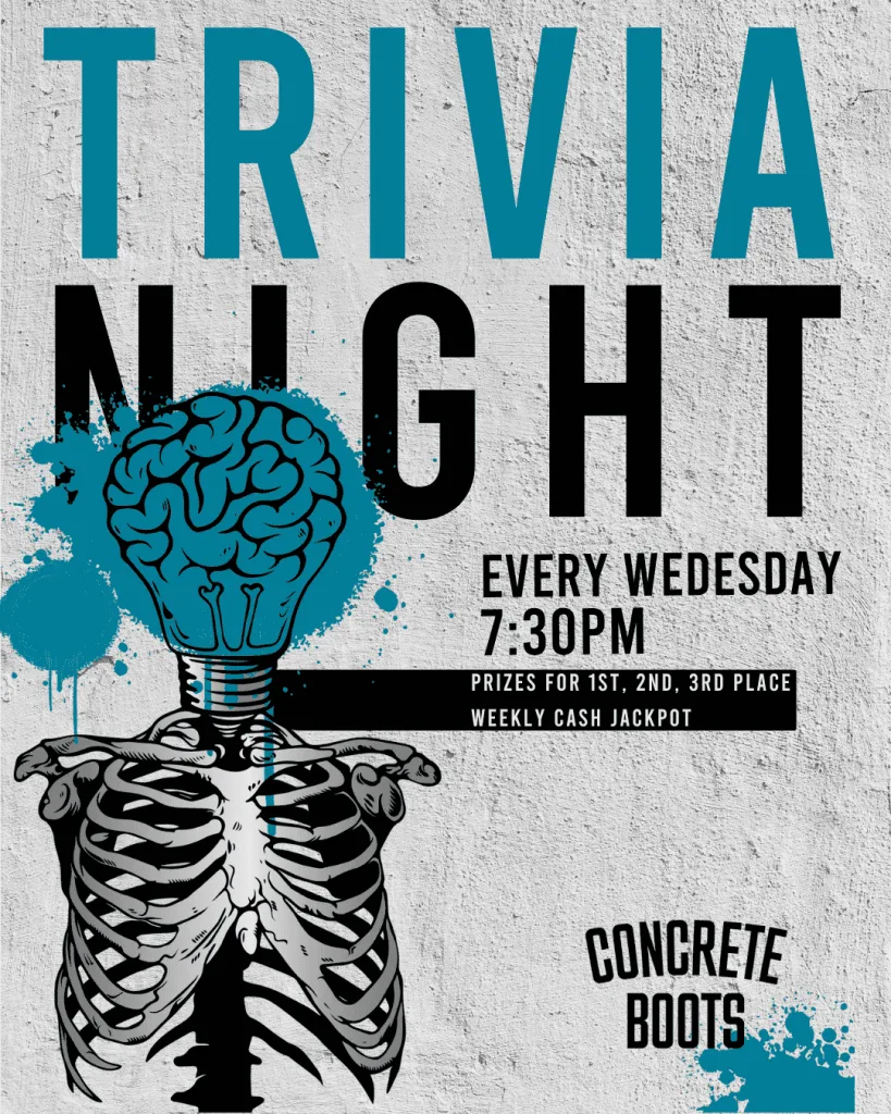 Trivia Night poster for Concrete Boots bar in Richmond, held every Wednesday at 7:30 pm with prizes and cash jackpots.